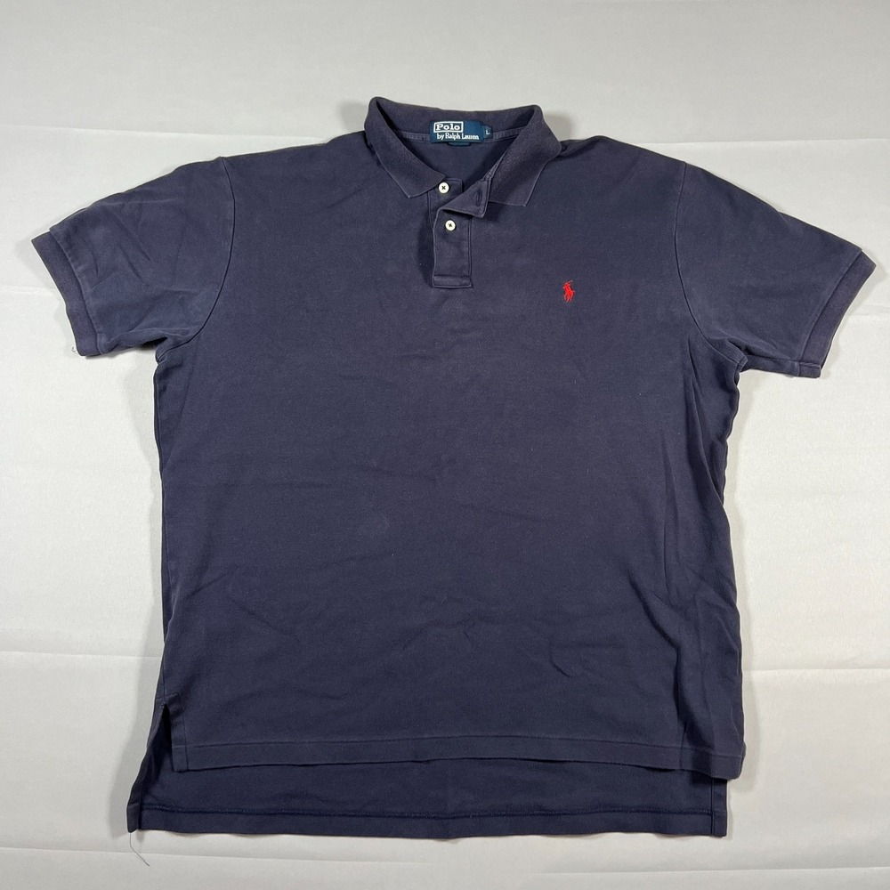 Polo Ralph Lauren Polo Shirt Men Large Navy Cotton Logo Embroidered High Low Hem